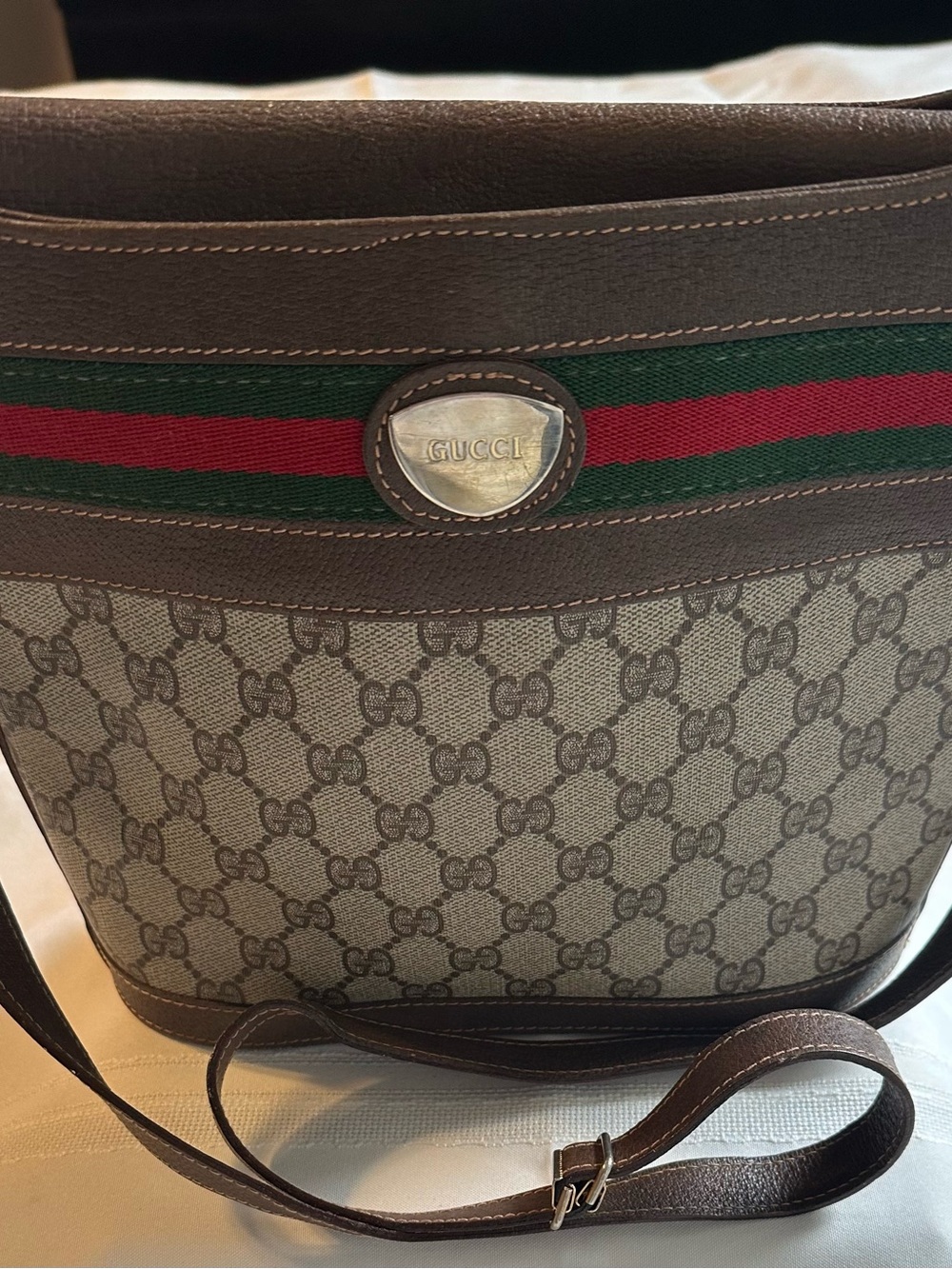 Vintage Gucci GG Monogram Shoulder Bag Brown Leather